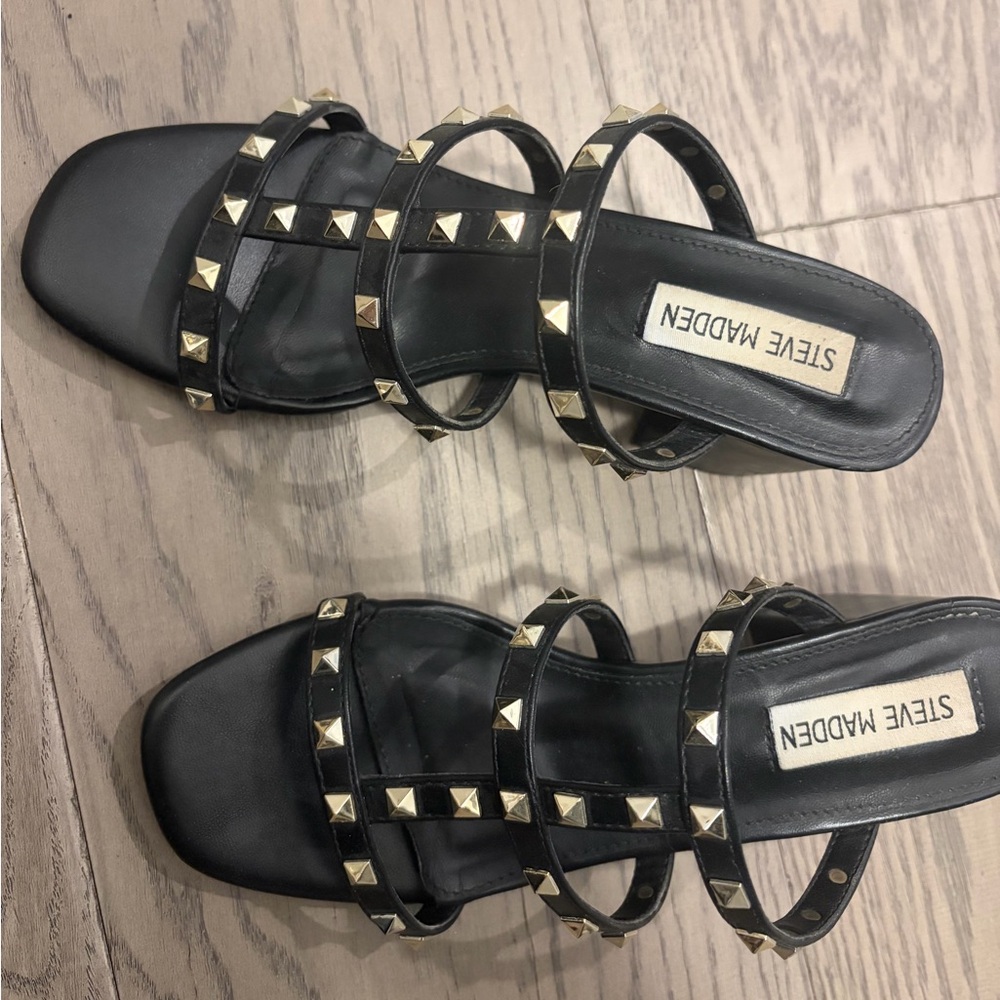 Steve Madden Black Studded Triple-Strap Slide Mules